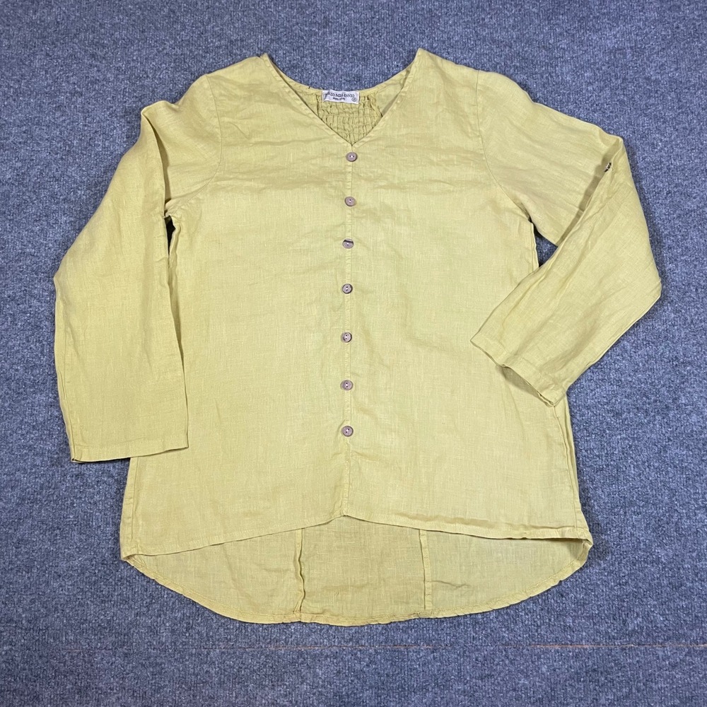 Terzo Millennio Linen Button Down Top Womens Small Yellow Roll Tab Sleeve Italy